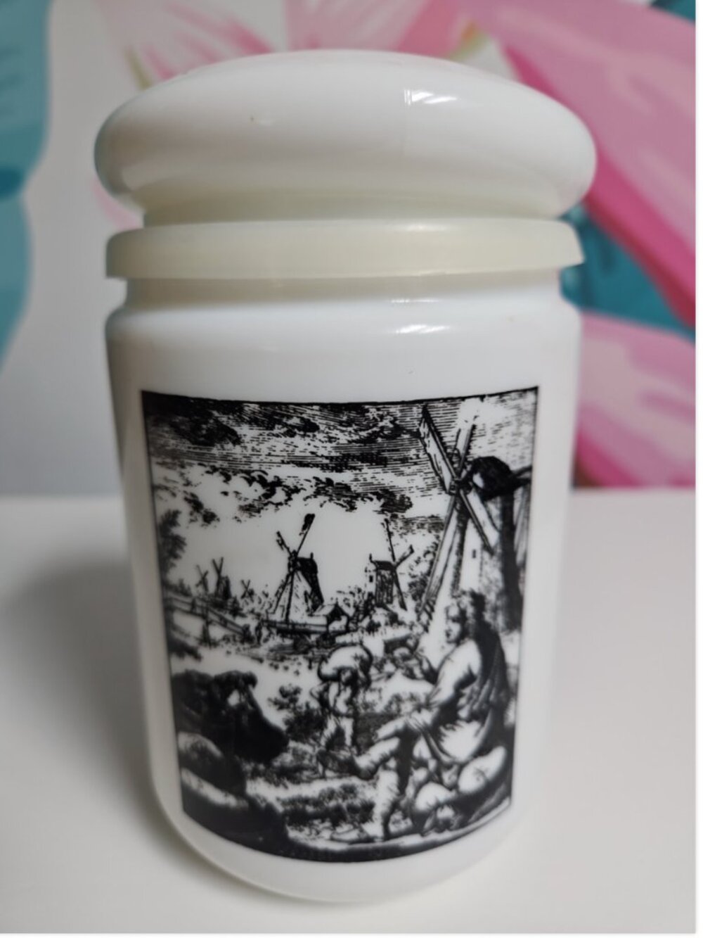 Vintage MCM Milk Glass Lidded Canister Jar Windmill Dutch Poem by Luyken Holland